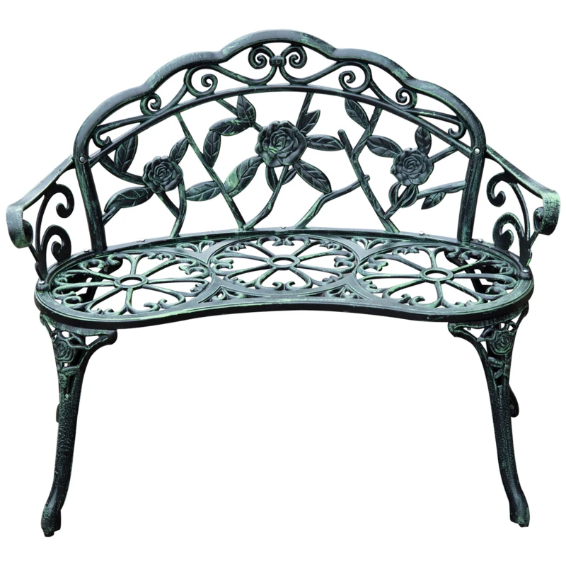 Outsunny 40" Outdoor Garden Bench, Cast Aluminum Antique Rose Style Patio Garden Park Loveseat Bench for Backyard, Porch, Balcony, Lawn, Green