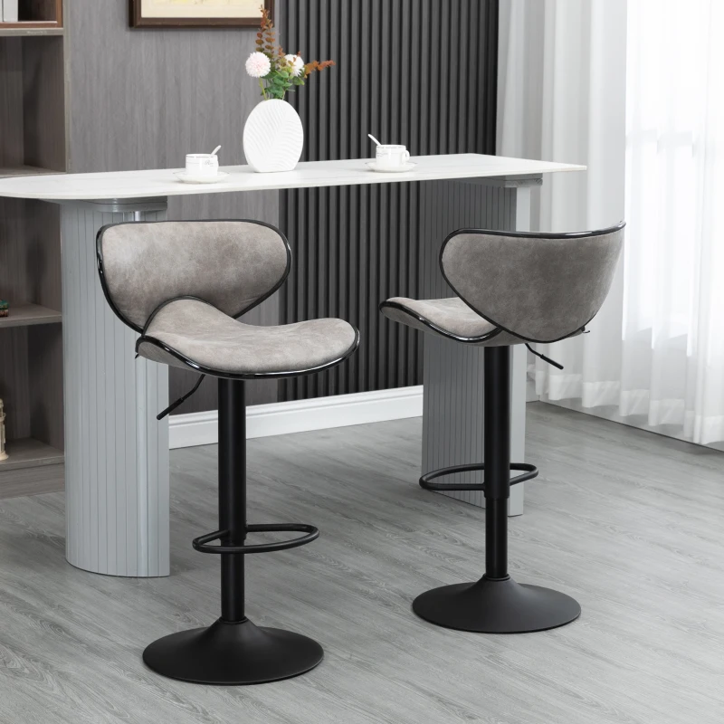 HOMCOM Adjustable Bar Stools Set of 2, Swivel Counter Height Barstools, Leathaire Upholstered Kitchen Island Stools with Back, Footrest and Steel Base, Taupe Grey