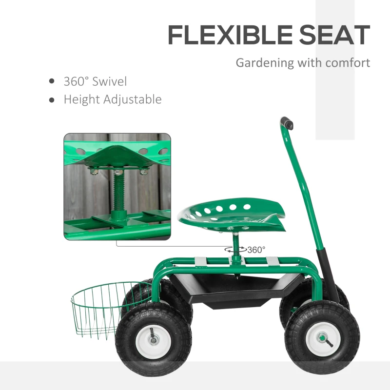 Outsunny Garden Scooter, Rolling Cart with Swivel and Adjustable Seat, Tool Tray, Bucket Basket, Green and Black
