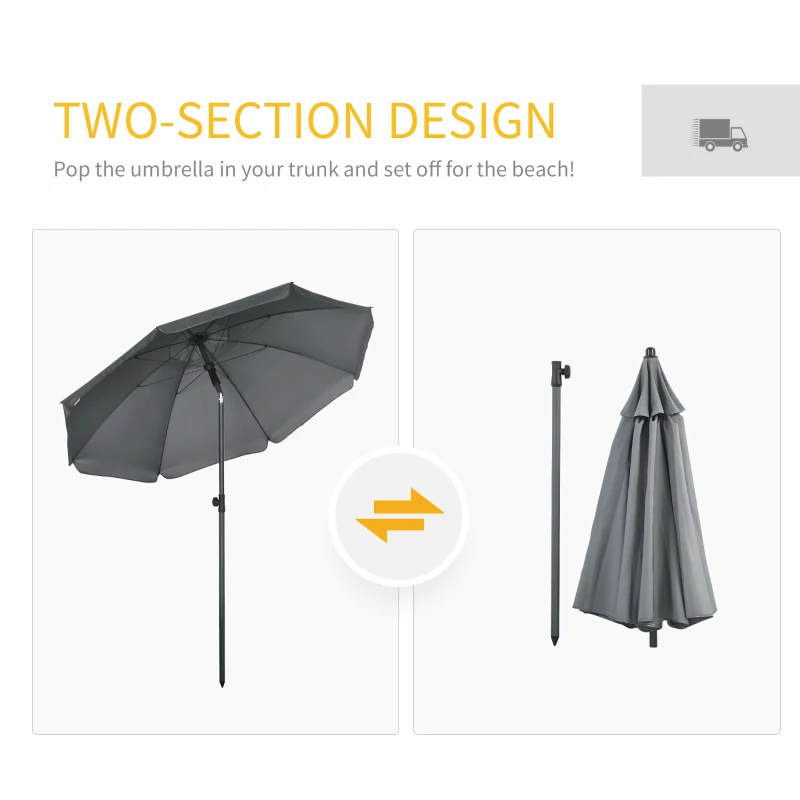 Outsunny 6ft Beach Umbrella, Outdoor Sun Shade Parasol with Push Button Tilt, Ruffled  UV50+ Vented Canopy, Dark Grey