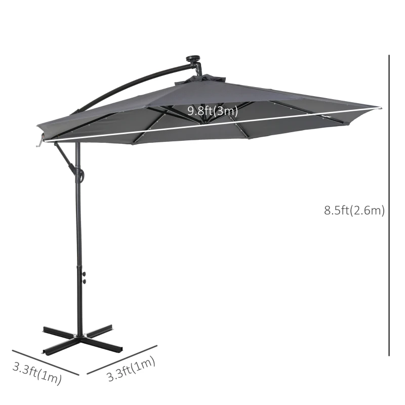 Outsunny 10ft Outdoor Cantilever Umbrella with Solar Lights, Banana Umbrella with Adjustable Angle for Patio, Backyard, Dark Gray