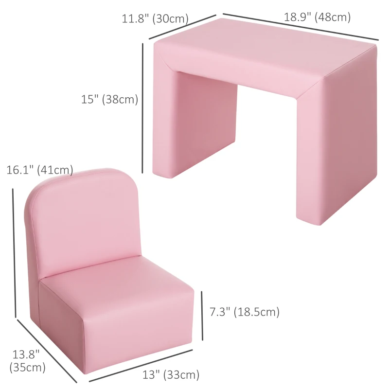 Qaba Kids Sofa, 2-in-1 Multi-Functional Toddler Table and Chair, Children Armchair Sturdy Couch for 3-9 Years Old, Pink