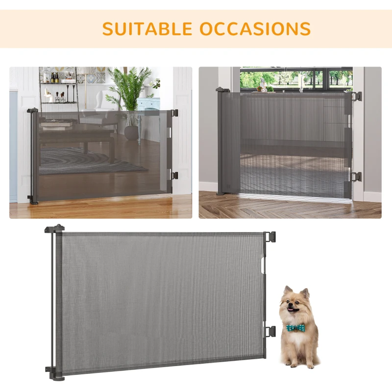 PawHut Retractable Pet Gate, 33.5" Tall, Extends to 59.1" Wide, Foldable Mesh Dog Gate for house, w/ Single Hand Operation, for Stairs, Doorways, Hallways - Grey