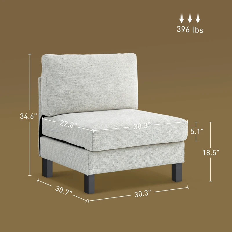 HOMCOM Middle Module for Modular Sectional Sofa, Upholstered Armless Chair with Wood Legs and Pocket Spring, Cream White