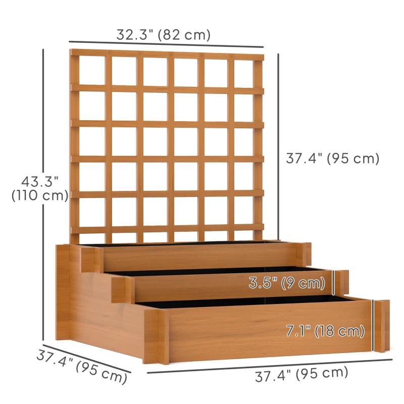 Outsunny Wooden Elevated Planter Box with Trellis for Climbing Plants, 3 Tier Raised Garden Bed for Garden, Outdoor, Brown