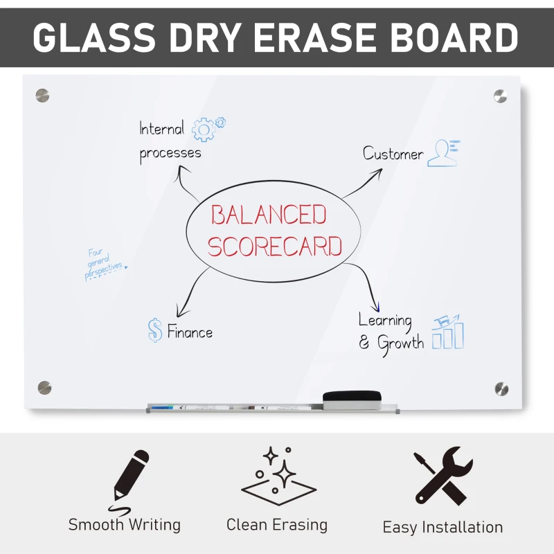 Vinsetto 35.5" x 23.5" Glass Magnetic Dry Erase Whiteboard, Frameless Board on Wall, with Dry Eraser, 4 Markers, and Pen Holder, White