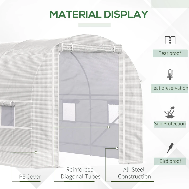 Outsunny 14.6' x 6.6' x 6.6' Walk-In Tunnel Greenhouse, Large Garden Hot House Kit with 6 Roll-up Windows & Roll Up Door, Steel Frame, White