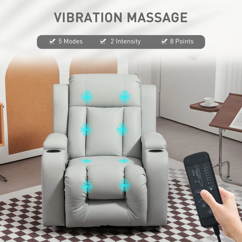 HOMCOM Recliner Chair with 8 Vibration, Overstuffed PU Leather Reclining Chair with Wide Seat, Cup Holders, Rocking, Light Grey