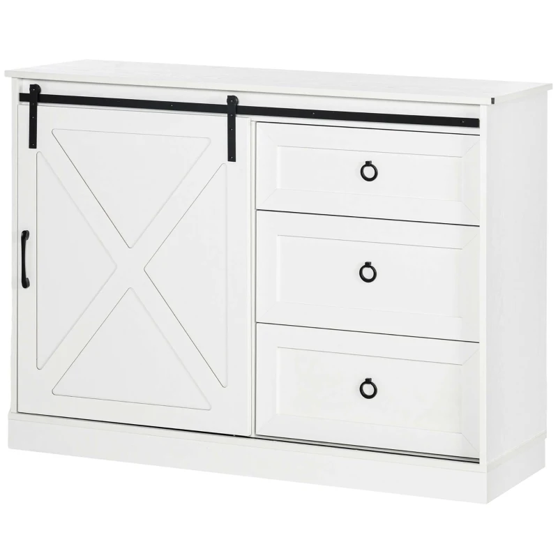 HOMCOM Farmhouse Kitchen Sideboard, Buffet Cabinet with Sliding Barn Door and 3 Storage Drawers for Living Room, White