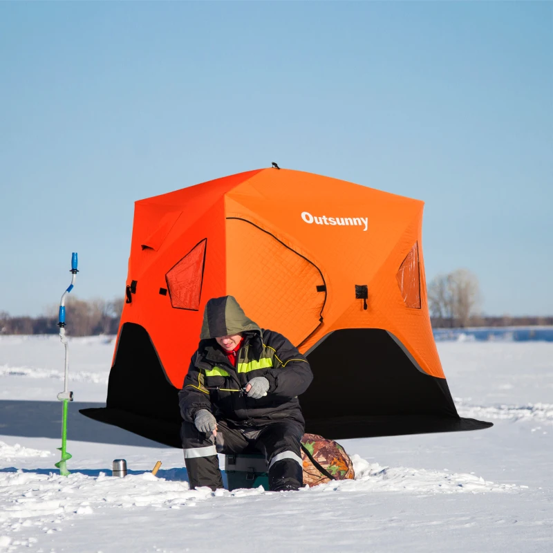Outsunny 4 Person Ice Fishing Shelter Insulated Waterproof Portable Pop Up Ice Fishing Tent with 2 Doors for Outdoor Fishing, Orange
