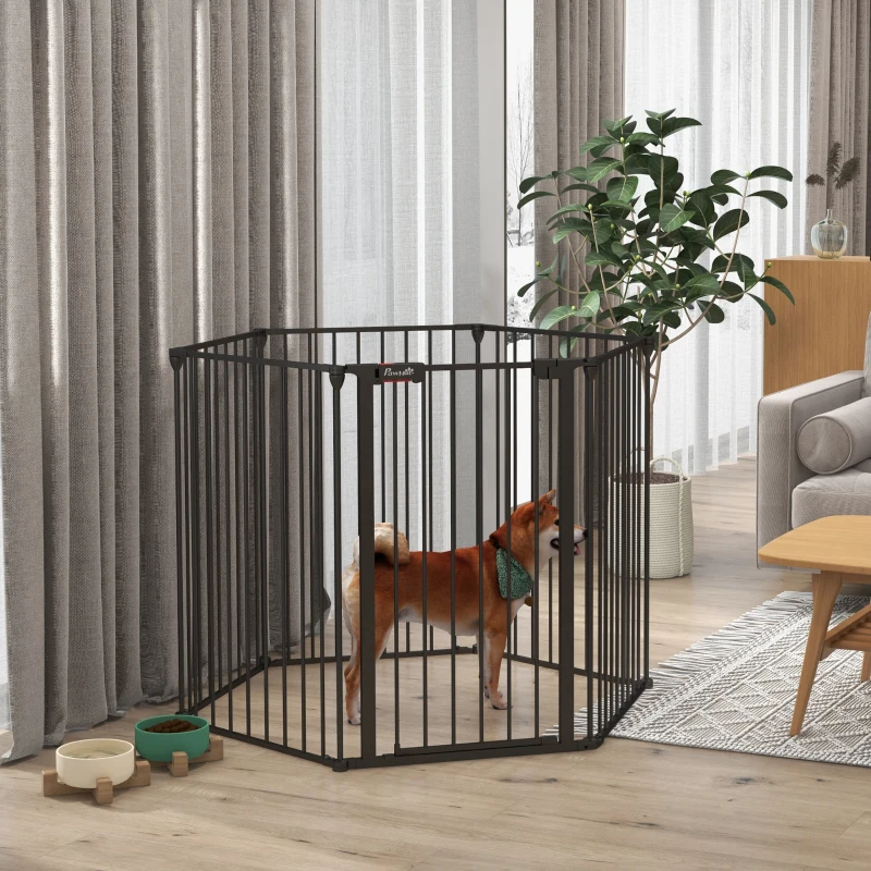 PawHut Dog Playpen DIY Adjustable, Puppy Play Pen Dog Fences Indoor with Automatically Close Lock, Pet Door for Doorway Stair, Fireplace Christmas Tree Barrier, 6-Panel, 35''H