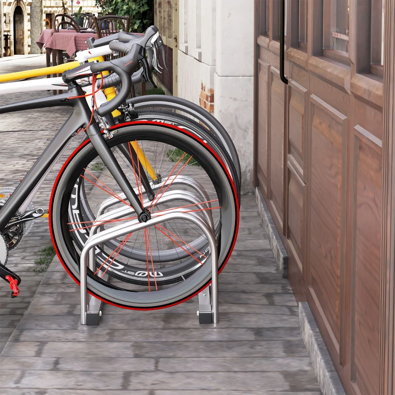 HOMCOM 3-Bike Bicycle Floor Parking Rack Cycling Storage Stand Ground Mount Garage Organizer for Indoor and Outdoor Use Silver