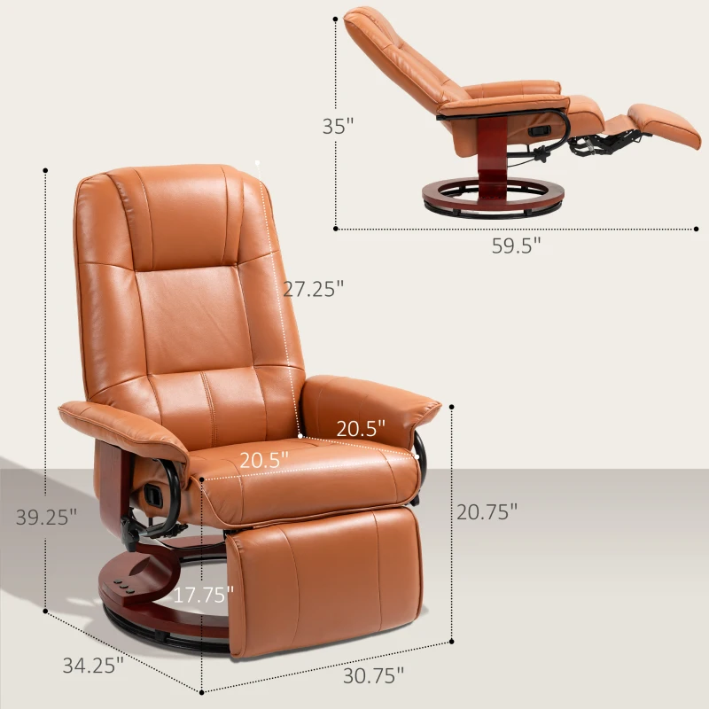 HOMCOM Faux Leather Recliner Chair, Swivel Recliner with Footrest, Armrest and Wood Base for Living Room, Light Brown
