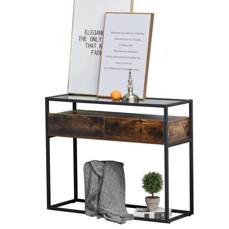HOMCOM Industrial Style Entryway Console Table Desk with Drawers, Toughened Glass Shelf, 3D Wood Grain