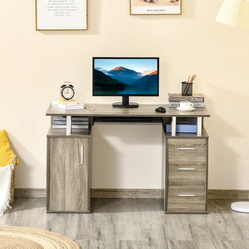 HOMCOM 47" Computer Desk with Keyboard Tray and Storage Drawers, Home Office Workstation Table with Storage Shelves, Grey Wood Grain