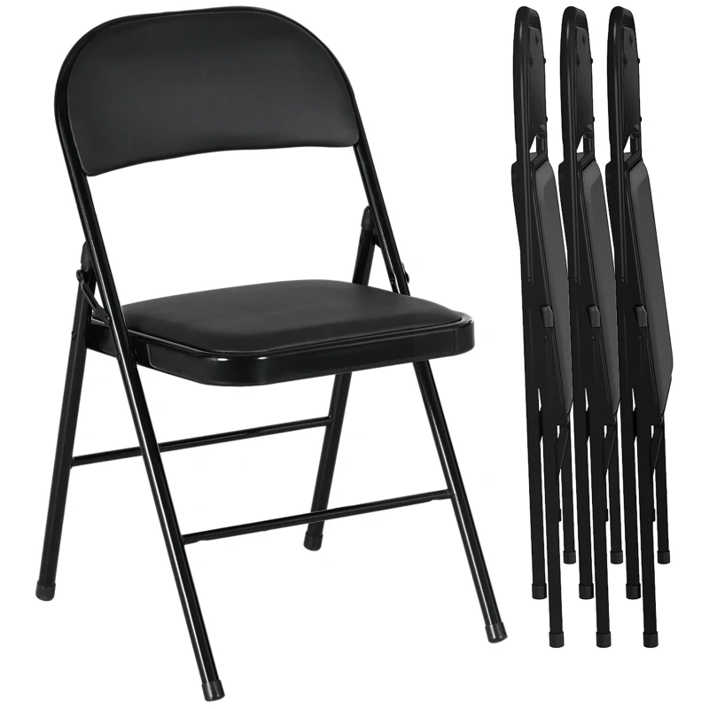 HOMCOM Set of 4 Metal Foldable Chairs, PU Leather Padded Folding Chairs with Cushion Seat and Open Back for Indoor, Black