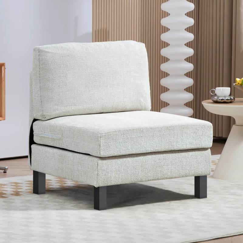 HOMCOM Middle Module for Modular Sectional Sofa, Upholstered Armless Chair with Wood Legs and Pocket Spring, Cream White