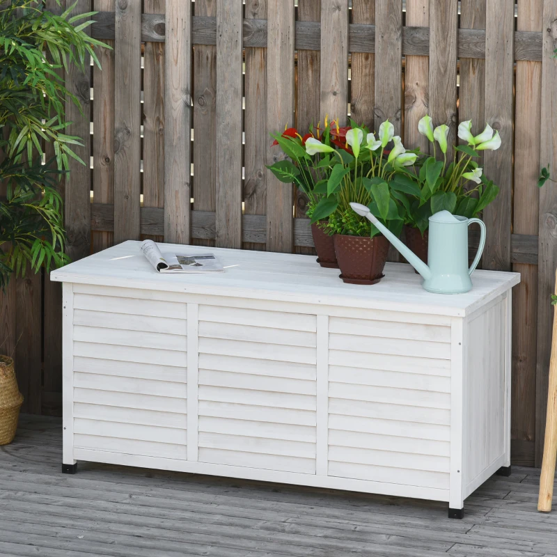 Outsunny 75 Gallon Wooden Storage Box patio Deck Box Bench, Garden Backyard Outdoor Storage Container with Aerating Gap & Weather-Fighting Finish, White
