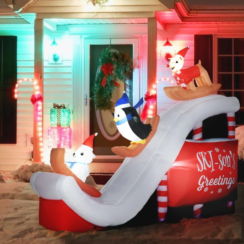 HOMCOM 8.5FT Long Christmas Inflatables Outdoor Decorations Polar Bear, Penguin and Reindeer on the Slope, Blow-Up LED Yard Christmas Decor, Waterproof