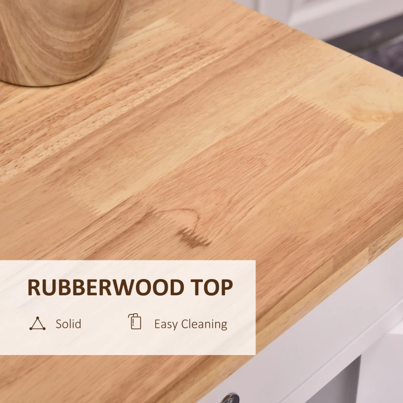 HOMCOM Kitchen Storage Cabinet Trolley Serving Cart Rubber Wood top Rolling Kitchen Island with Towel Rack and Drawer White