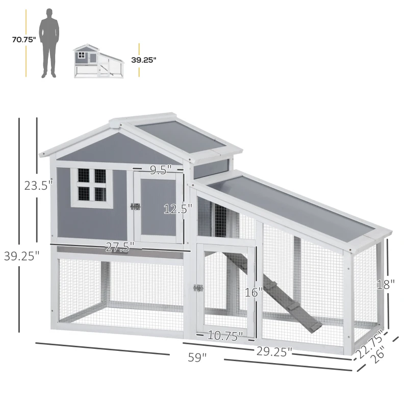 PawHut 59" Wooden Rabbit Hutch, 2 Tier Pet Playpen Bunny House Enclosure with Sunlight Panel Roof, Slide-out Tray, and Ramp, for Rabbits and Small Animals, Grey