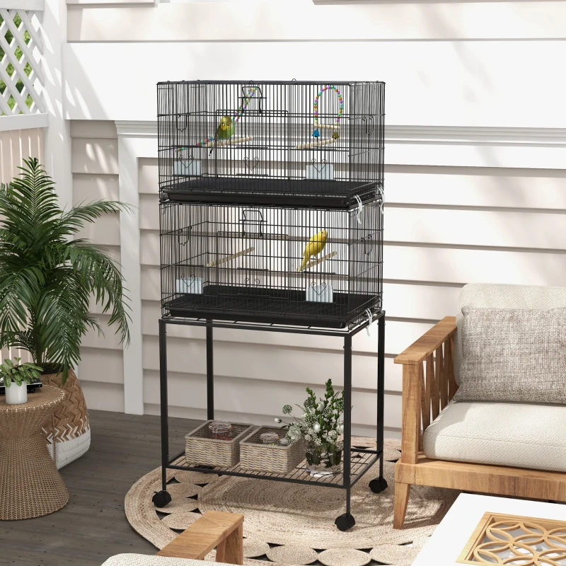 PawHut 65" Birdcage for Canaries, Lovebirds Finches, Budgie Cage with Wheels, Black