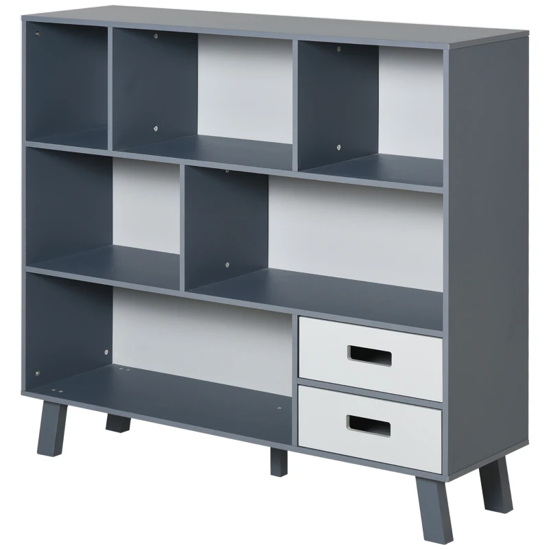 HOMCOM 3-Tier Child Bookcase Open Shelves Cabinet Floor Standing Cube Storage Organizer with Drawers - Gray