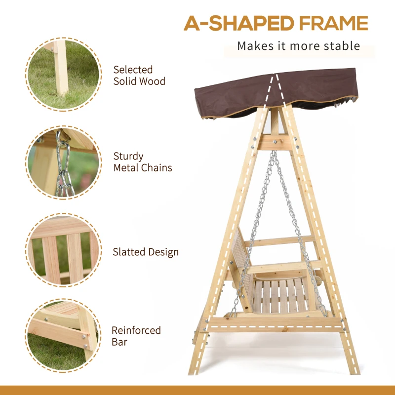 Outsunny Wooden Porch Swing Bench, 2-Seater Outdoor Swing Glider with Adjustable Canopy, Adjustable Hanging Chains, A-Frame, for Garden, Poolside, Backyard, Brown