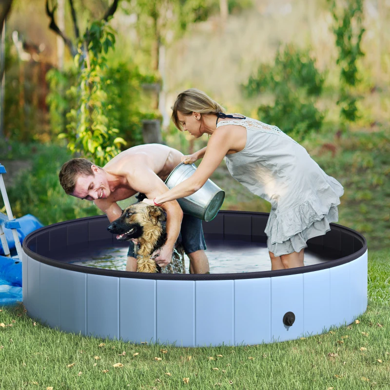 PawHut Φ63" Folding Dog Pool for Large dogs,  Portable Pet Kiddie Swimming Pool, Outdoor/Indoor Puppy Bath Tub with Nonslip Bottom for Dogs & Cats, Blue
