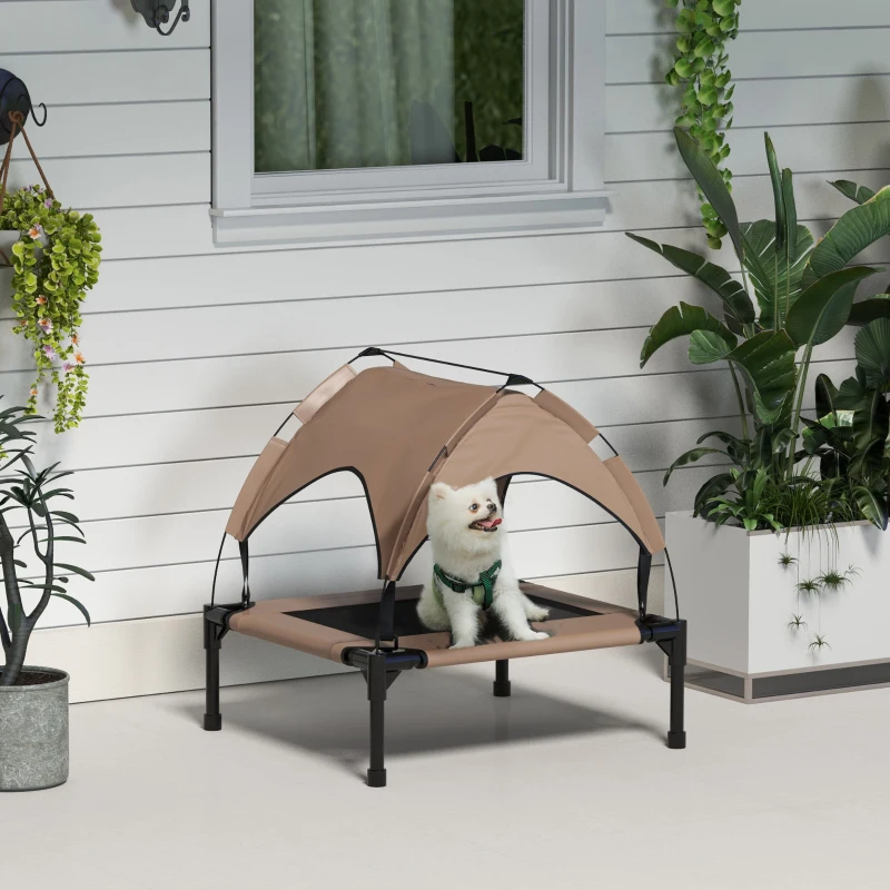 PawHut Raised Dog Bed Cooling Dog Cot w/ Canopy Washable Breathable Mesh, for Small and Medium Dogs, Coffee