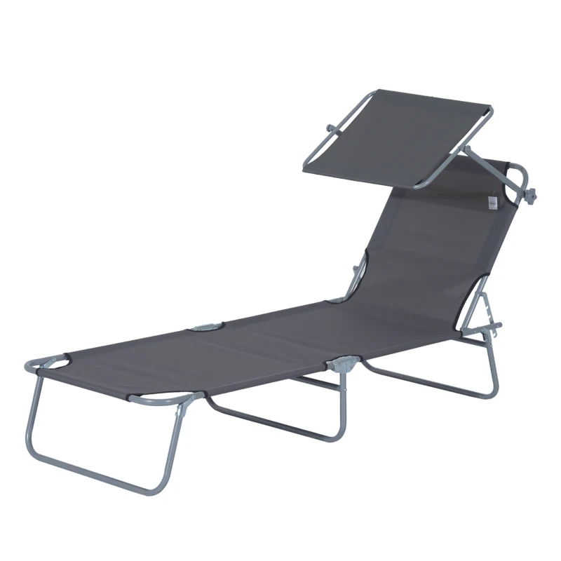 Outsunny Outdoor Lounge Chair, Adjustable Folding Chaise Lounge,  Tanning Chair with Sun Shade for Beach, Camping, Hiking, Backyard, Grey