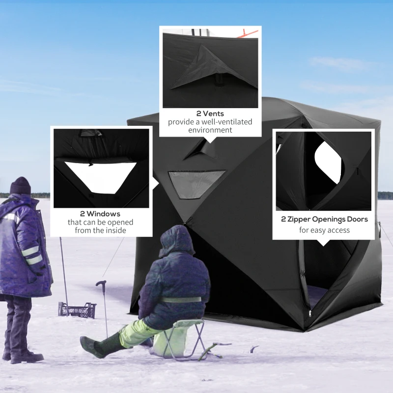 Outsunny 2-4 People Ice Fishing Shelter, Pop-Up Portable Ice Fishing Tent with Carry Bag, Two Doors, Windows and Vents, Ice Shanty for Winter Fishing, Black