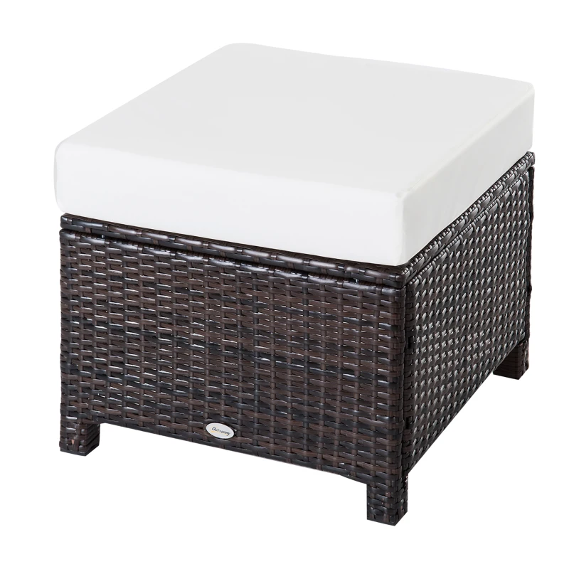 Outsunny 20" Patio Wicker Ottoman, Multipurpose Outdoor PE Rattan Footrest, Additional Seating, Side Table with Soft Cushion, Dark Brown, Cream White