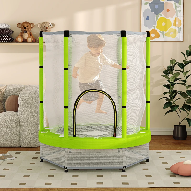 Qaba 4.6FT Toddler Trampoline w/ Safety Net, Recreational Trampoline for Indoor Outdoor, Cloud Pattern, Green