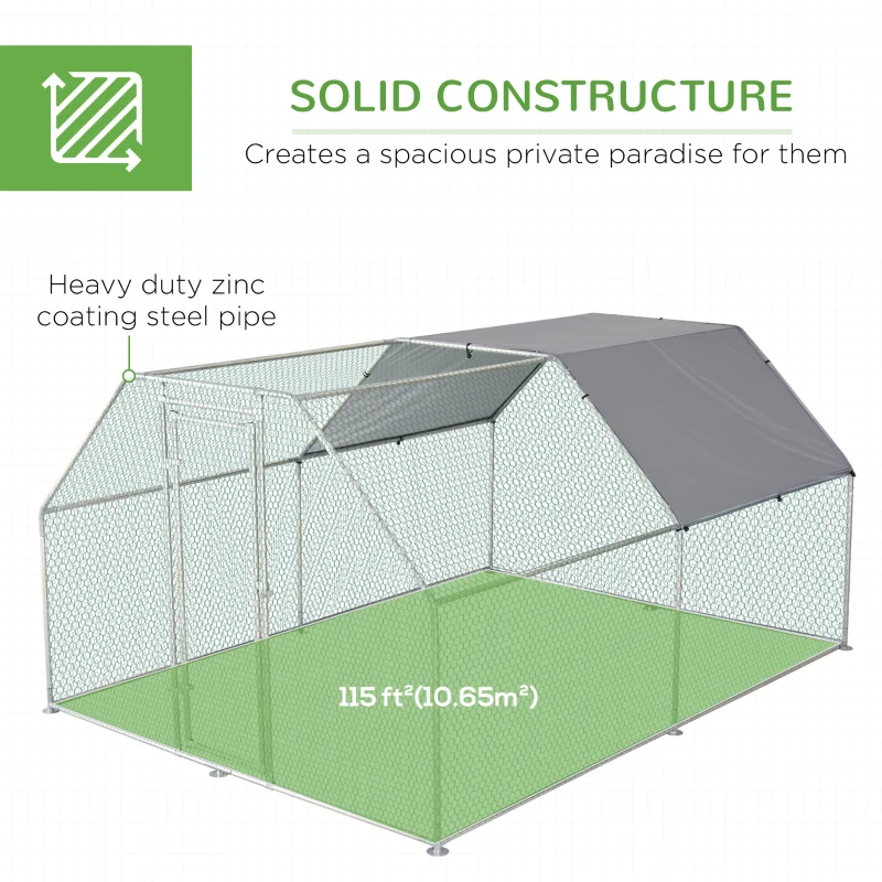 PawHut 9.2' x 12.5' Metal Chicken Coop, Galvanized Walk-in Hen House, Poultry Cage Outdoor Backyard with Waterproof UV-Protection Cover for Rabbits, Ducks