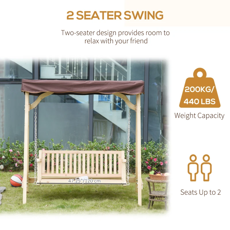 Outsunny Wooden Porch Swing Bench, 2-Seater Outdoor Swing Glider with Adjustable Canopy, Adjustable Hanging Chains, A-Frame, for Garden, Poolside, Backyard, Brown