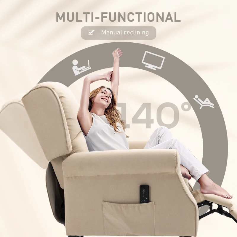HOMCOM Massage Recliner Chair for Living Room, Push Back Recliner Sofa, Suede Wingback Reclining Chair with Extendable Footrest, Wood Legs, Remote Control, Side Pockets, Beige