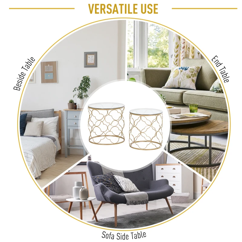 HOMCOM Set of 2 Nesting Table Coffee End Table Set Modern for Living room Furniture Decor Gold Tempered Glass