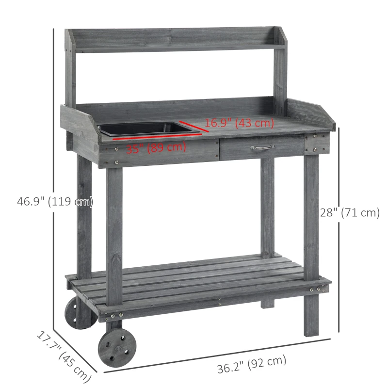 Outsunny 36" Wooden Potting Bench Work Table with 2 Removable Wheels, Sink, Drawer & Large Storage Spaces, Gray