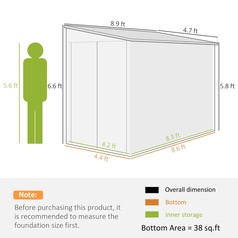 Outsunny 4.6' x 9' Outdoor Storage Shed, Lean to Metal Shed with Foundation Kit, Lockable Doors and Gloves for Patio, Lawn, Dark Gray(m-3)
