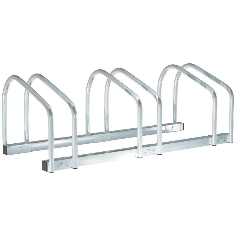 HOMCOM 3-Bike Bicycle Floor Parking Rack Cycling Storage Stand Ground Mount Garage Organizer for Indoor and Outdoor Use Silver
