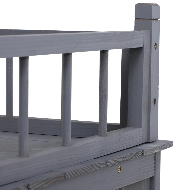 PawHut 2-Story Pet House for Cats Miniature Sized Dogs, Wooden Kitten Shelter with Enclosure, Balcony, Lockable Gate, Stairs, Grey