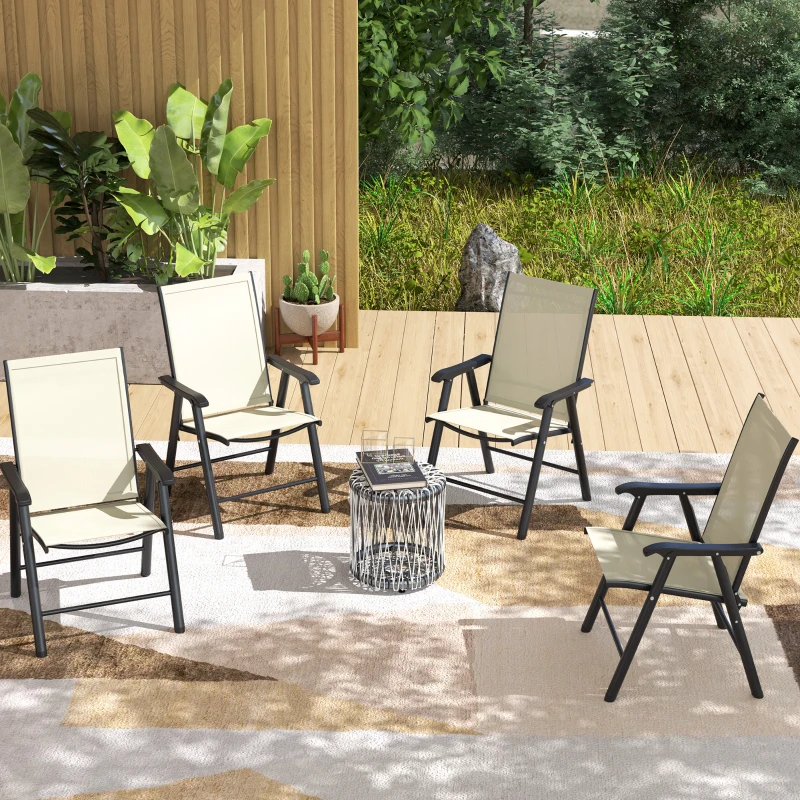 Outsunny 4-Piece Folding Chair Set for Relaxing on Patio Balcony Garden, Comfortable Outdoor Furniture with Armrests, Beige