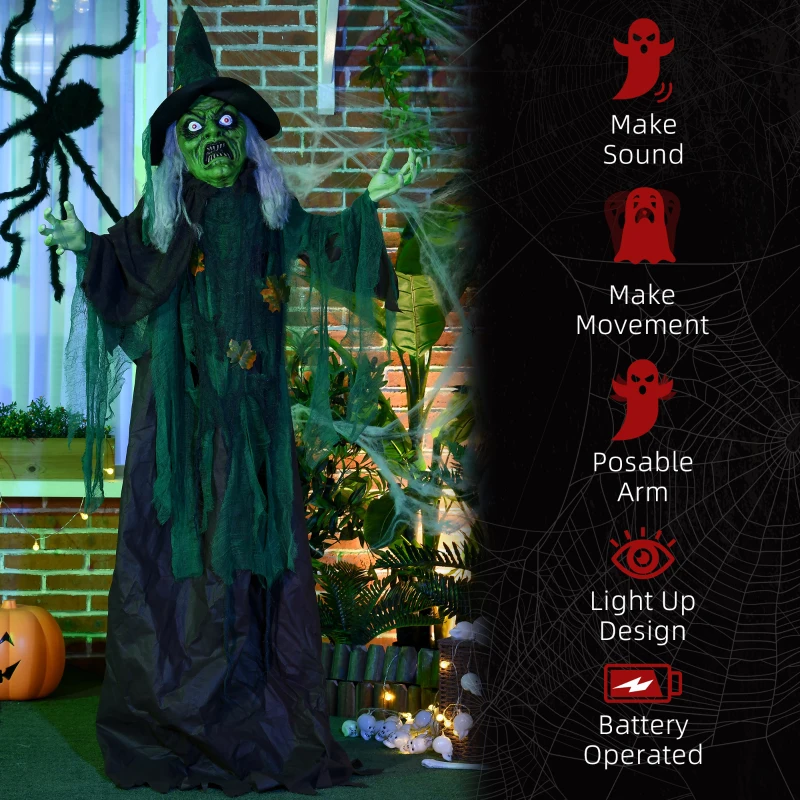 HOMCOM 72 Inch/6ft Life Size Outdoor Halloween Decoration Witch, Animated Prop Decor with Sound and Motion Activated, Light Up Eyes, Creepy Sound
