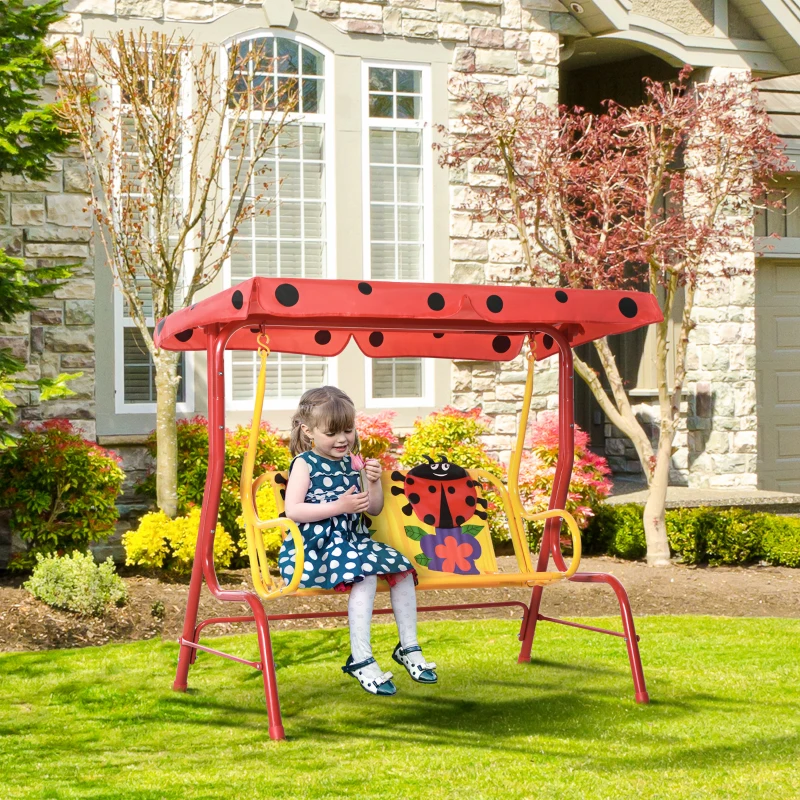 Outsunny Porch Swing for Kids with Adjustable Canopy to Block Sun at Angles, Kids Swing Chair with Seatbelts, Ladybug Pattern, Gift for Kids Ages 3-6, Red