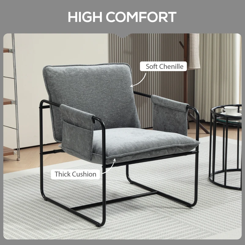 HOMCOM Modern Accent Chair, Upholstered Armchair with Side Pockets and Steel Frame, Comfy Reading Chair for Bedroom, Grey