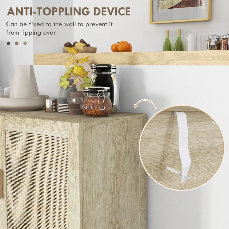 HOMCOM Boho Sideboard Buffet Cabinet with 3 Rattan Doors, Kitchen Cabinet with Adjustable Shelves, Natural