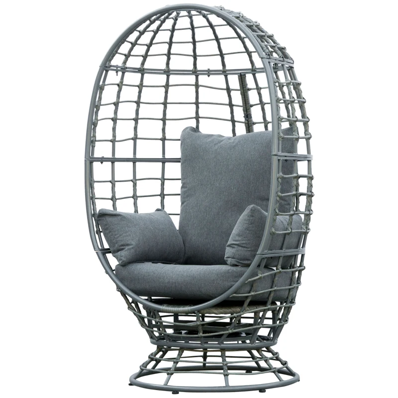 Outsunny Wicker Egg Chair, 360 Rotating Indoor Outdoor Boho Basket Seat with Cushion and Pillows for Backyard, Porch, Patio, Garden, Handwoven All-Weather PE Rattan, Steel Frame, Gray