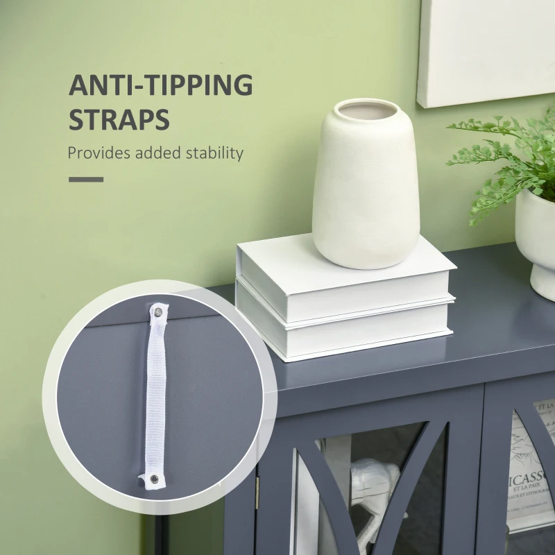 HOMCOM Sideboard, Buffet Cabinet with 4 Tempered Glass Doors, Arc Pattern and Adjustable Storage Shelf, Credenza, Gray