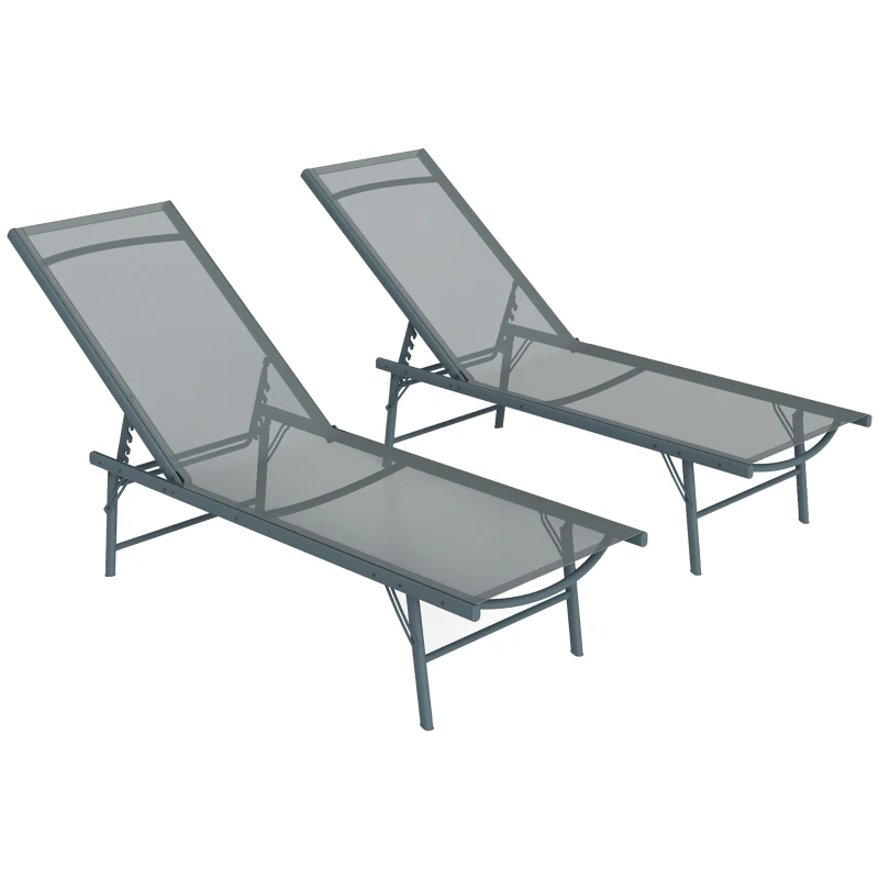 Outsunny 2 Pieces Folding Outdoor Lounge Chairs, Reclining Chaise Lounge Tanning Chair w/ Adjustable Back, Mesh Seat, Light Grey